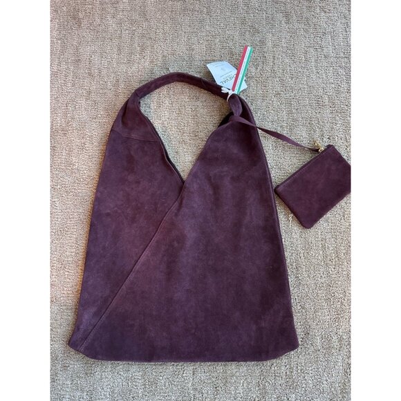 NWT CHEVAL Firenze Suede Genuine Leather Hobo Bag Pouch Wine Burgundy Italy - Picture 1 of 9
